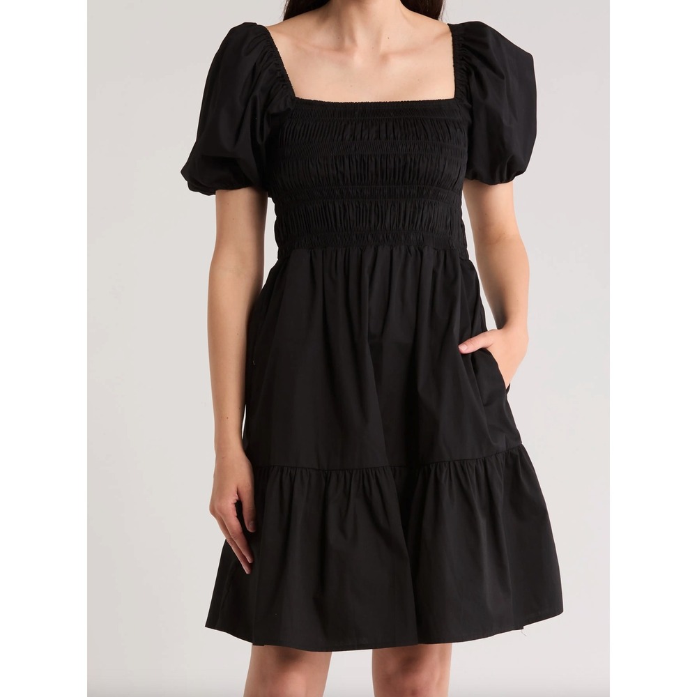 Lulu and‎ Rose Black Smocked Puff Sleeve Tiered Cotton Mini Dress Small
